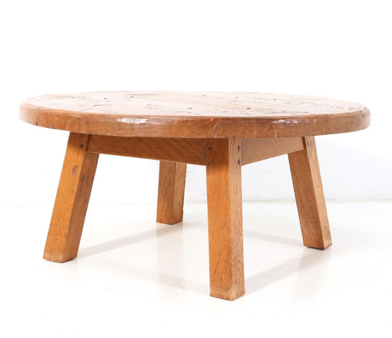Oak MidCentury Modern Rustic Brutalist Round Coffee Table, 1960s For