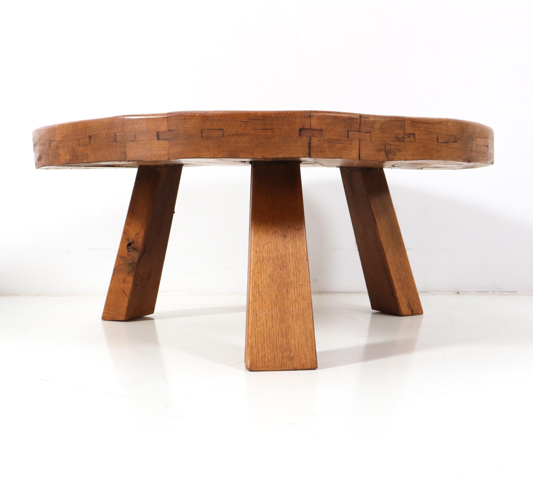 Oak MidCentury Modern Rustic Brutalist Round Coffee Table, 1960s at