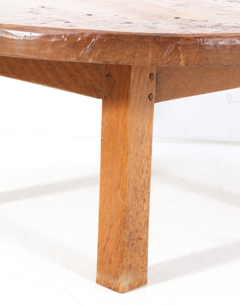 Oak MidCentury Modern Rustic Brutalist Round Coffee Table, 1960s For