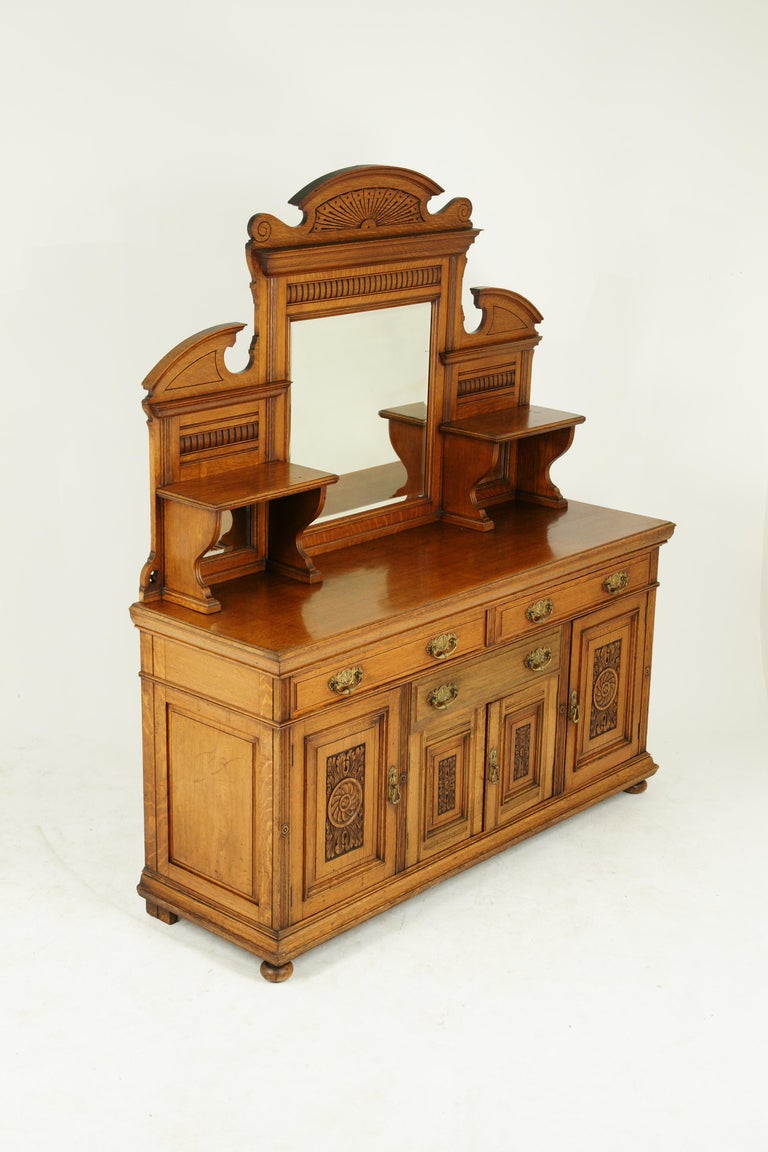 Antique Oak Sideboard, Mirror Back, Buffet, Credenza, Victorian