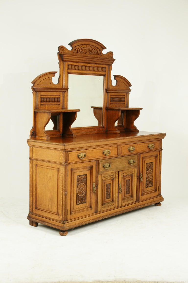 Antique Oak Sideboard, Mirror Back, Buffet, Credenza, Victorian