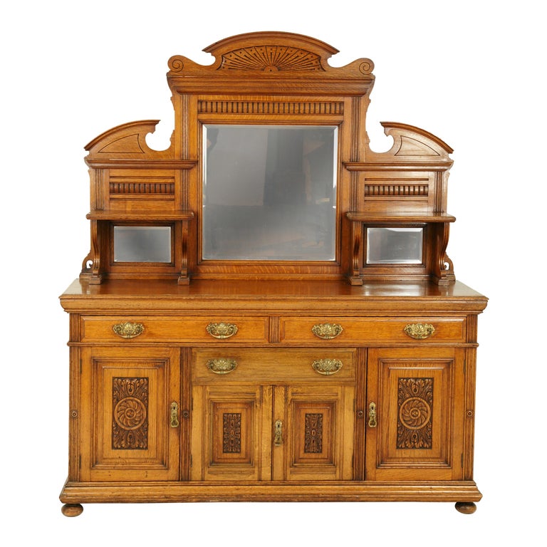 Antique Oak Sideboard, Mirror Back, Buffet, Credenza, Victorian