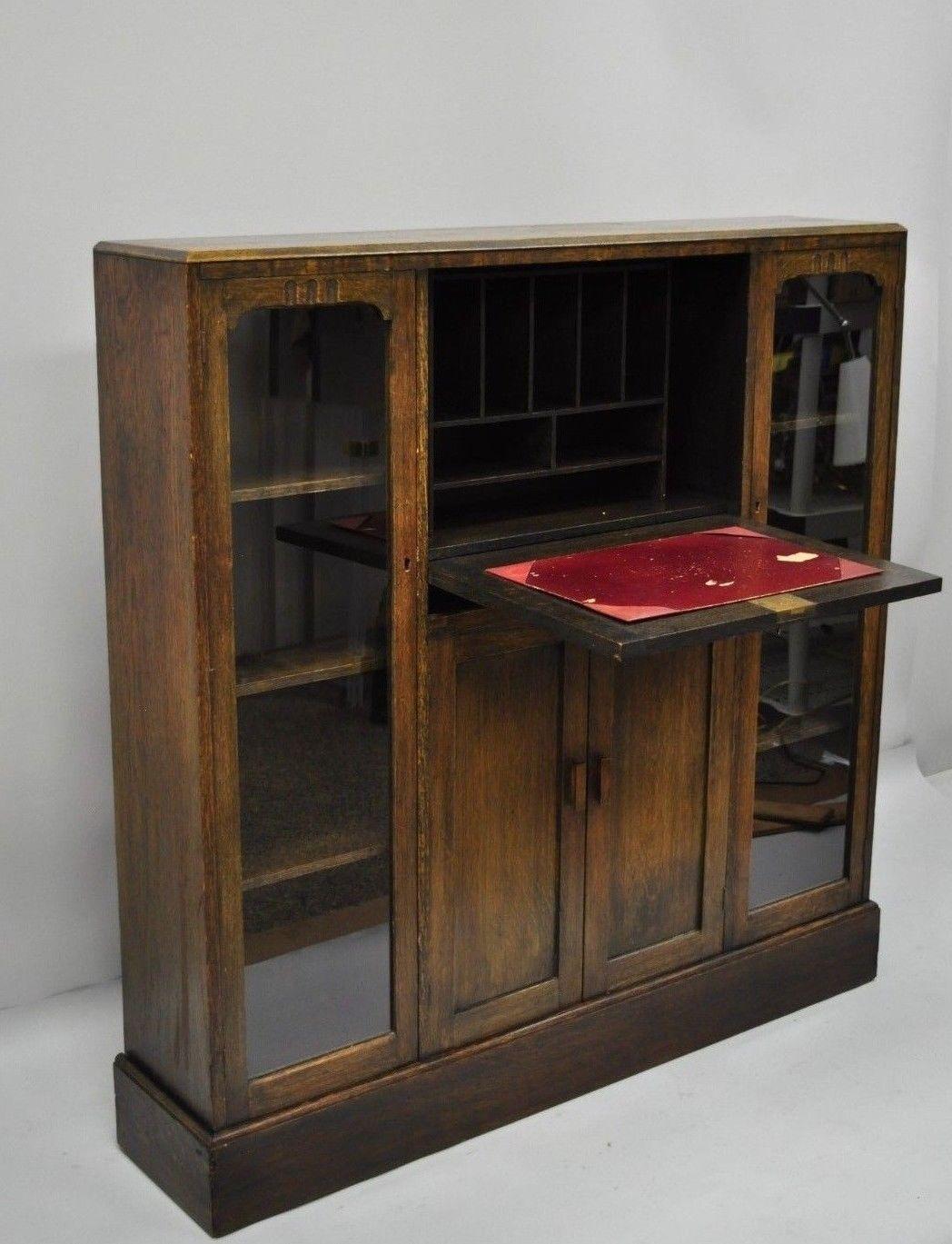 Oak Mission Arts & Crafts English Drop Front Secretary Desk Bookcase by Goodalls 6