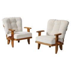 Oak, Mohair and Ceramic Armchairs by Guillerme et Chambron, France, c. 1950