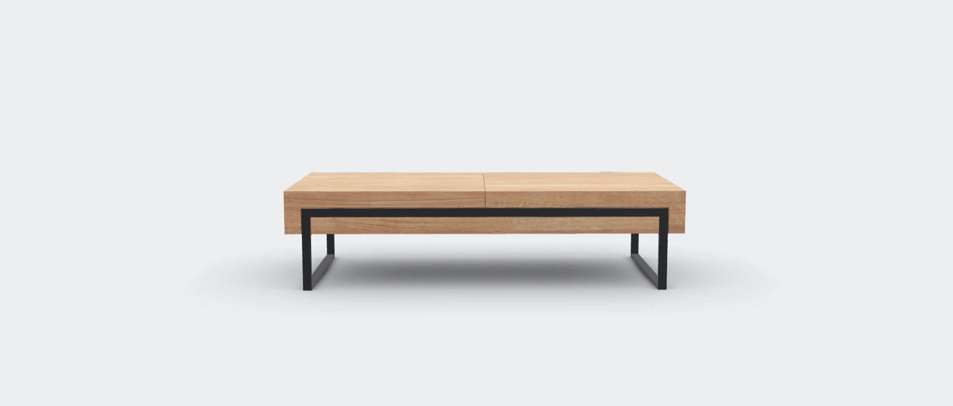 Oak Natur Offset Coffee Table L by Milla & Milli
Signed by Maša Vukmanović, Jelena Lukač Kirš, Jakov Šrajer
Dimensions: W 140 x D 70 x H 35 cm 
Materials: Oak Natur, Black Metal. 


Offset Coffee Table:
Just like the drink it is named after; the