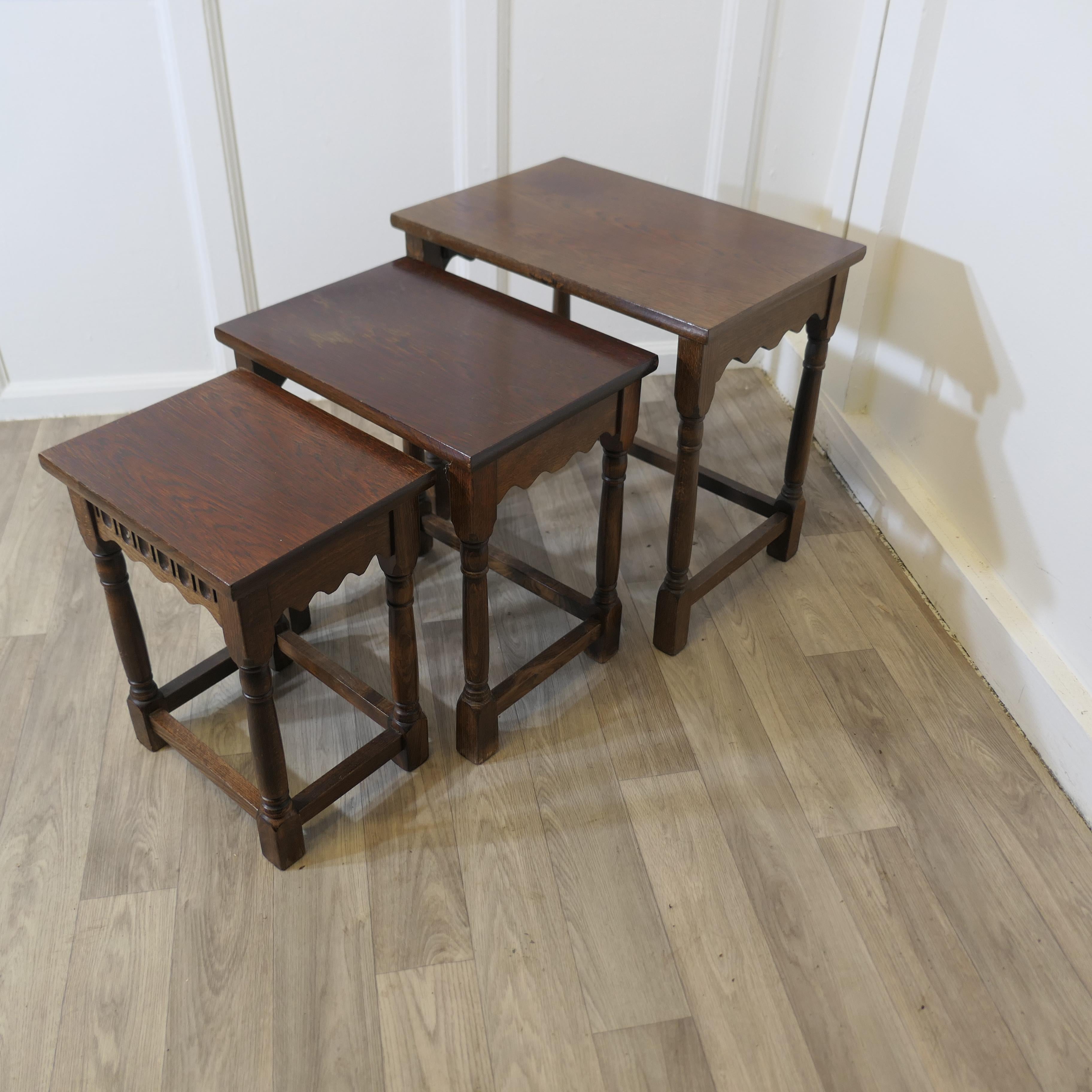 Oak Nest Of Tables

This is a Good-looking set of Country Oak tables, the tables are in good condition 
As with all Nests of Tables they increase in size allowing the smallest to be stored in the middle size table and both of these hideaway inside