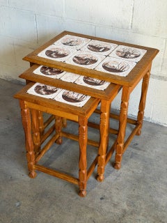 Oak Nesting Tables Set of 3 Ceramic Tile Top Accent End Tables Vintage 1970s