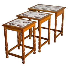 Oak Nesting Tables Set of 3 Ceramic Tile Top Accent End Tables Vintage 1970s