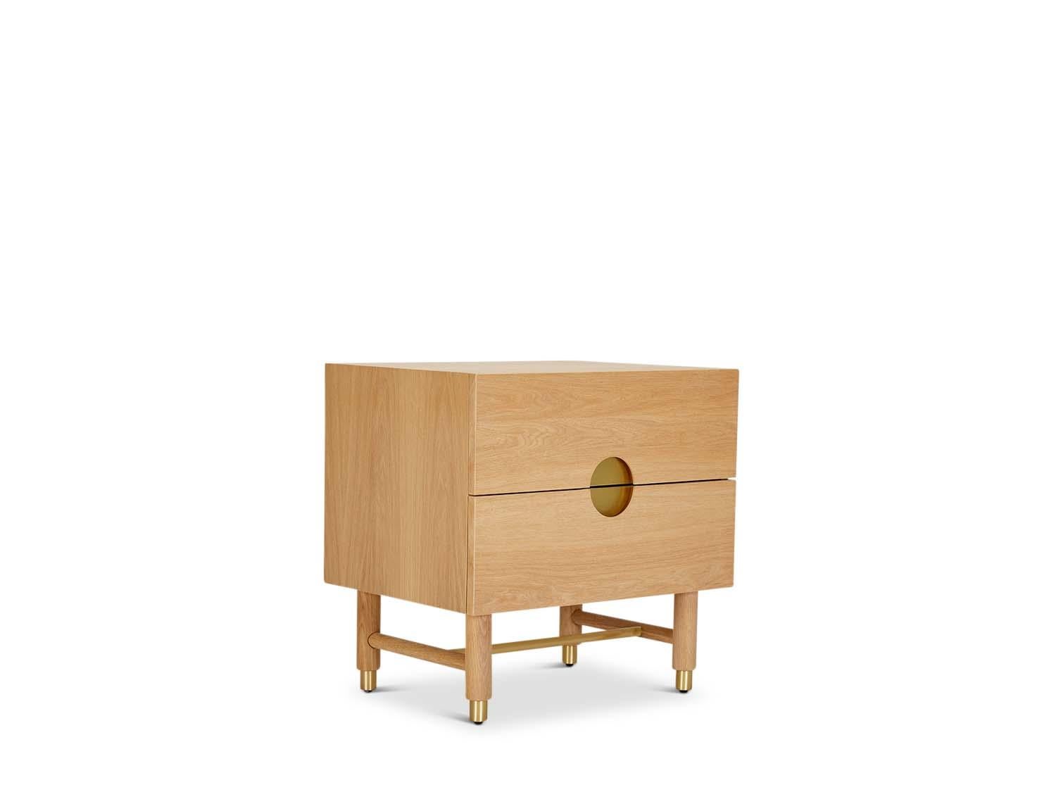 The Niguel nightstand features two drawers. Details include leveling brass cap feet, a brass stretcher on the base, lacquered interior and inset brass hardware. 

The Lawson-Fenning Collection is designed and handmade in Los Angeles, California.