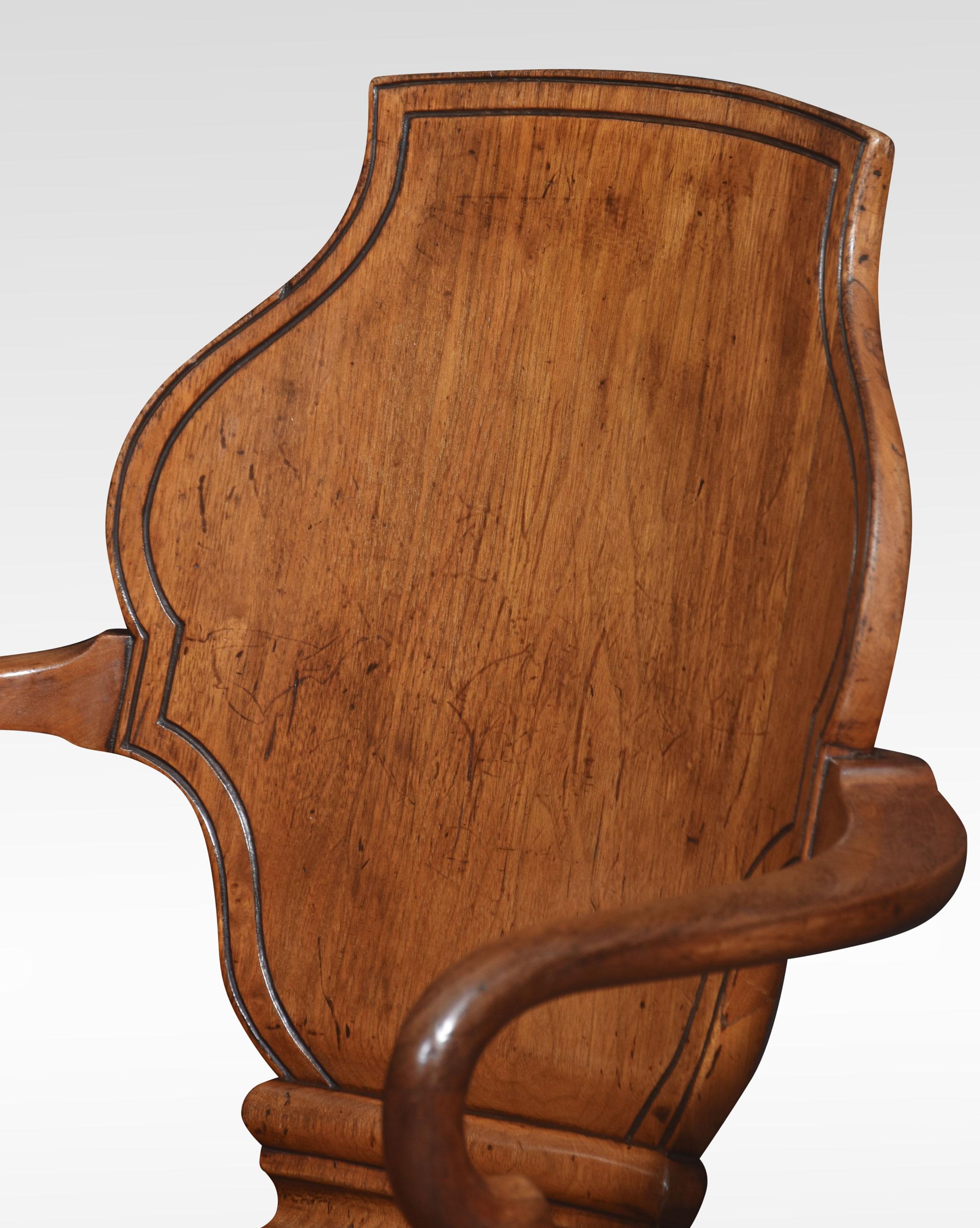Oak office / captain’s revolving desk chair with a shaped back and open arms above a solid oak seat having removable cushion. All raised up on four cabriole legs terminating in castors.
Dimensions
Height 37.5 Inches height to seat 20 Inches
Width 23