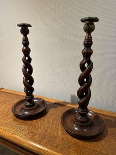 Oak Open Barley Twist Candlesticks with cast brass