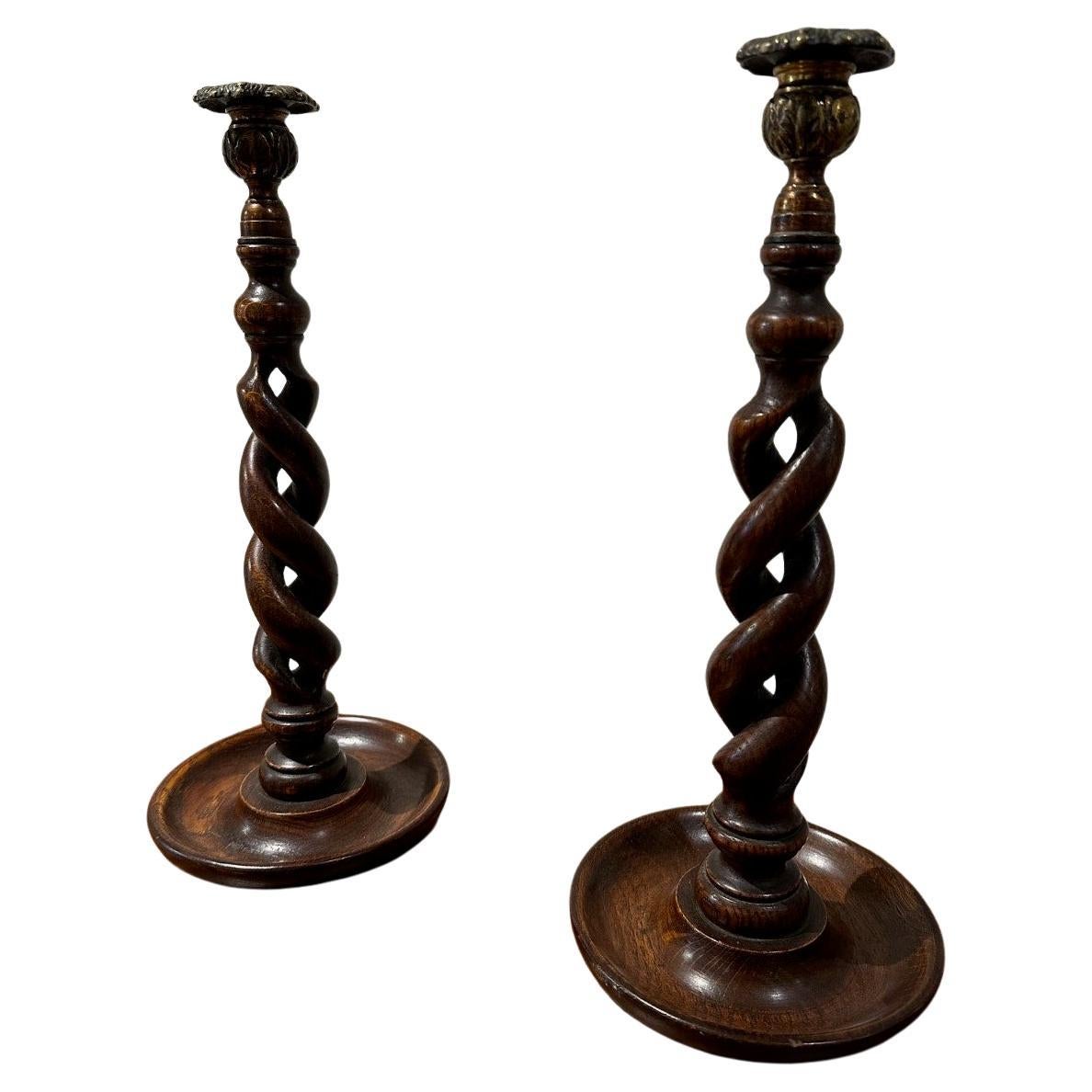 Oak Open Barley Twist Candlesticks with cast brass