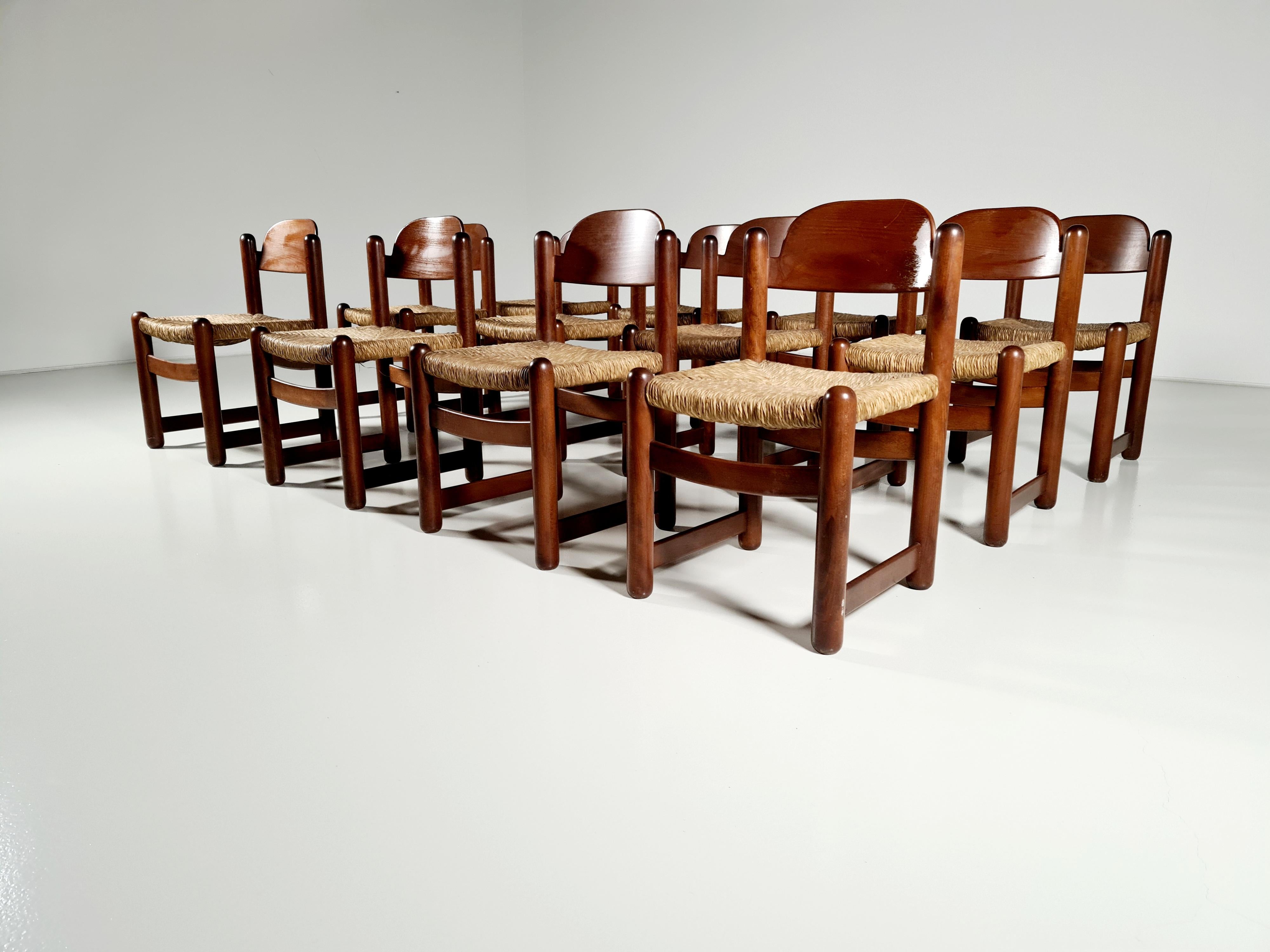 Hank Lowenstein’s “Padova” dining chairs in oak wood with rush seats. Beautiful rounded edges. Functional and clear in their design. 12 available.