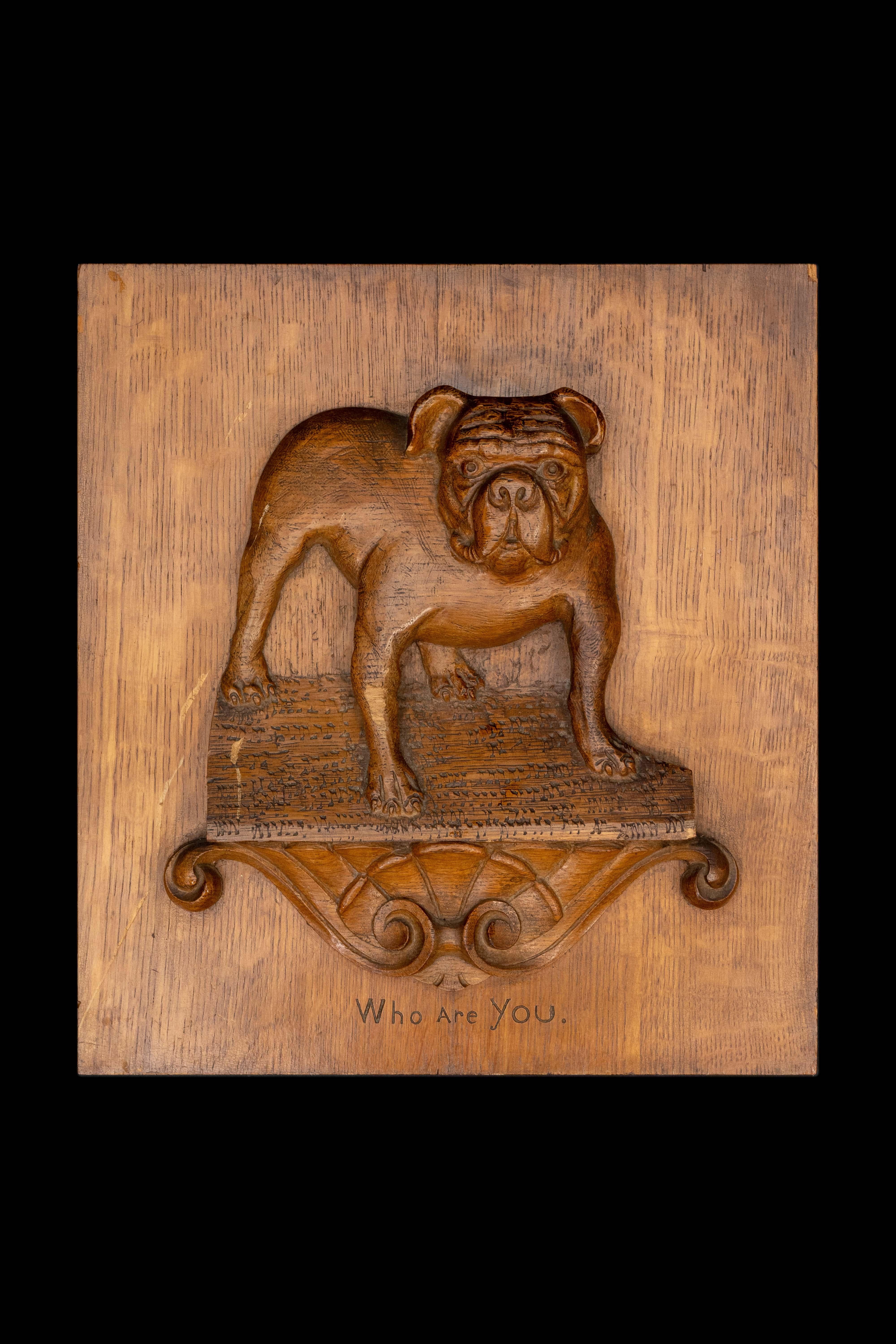 19th Century oak panel W/ carved bull dog. Written below is 