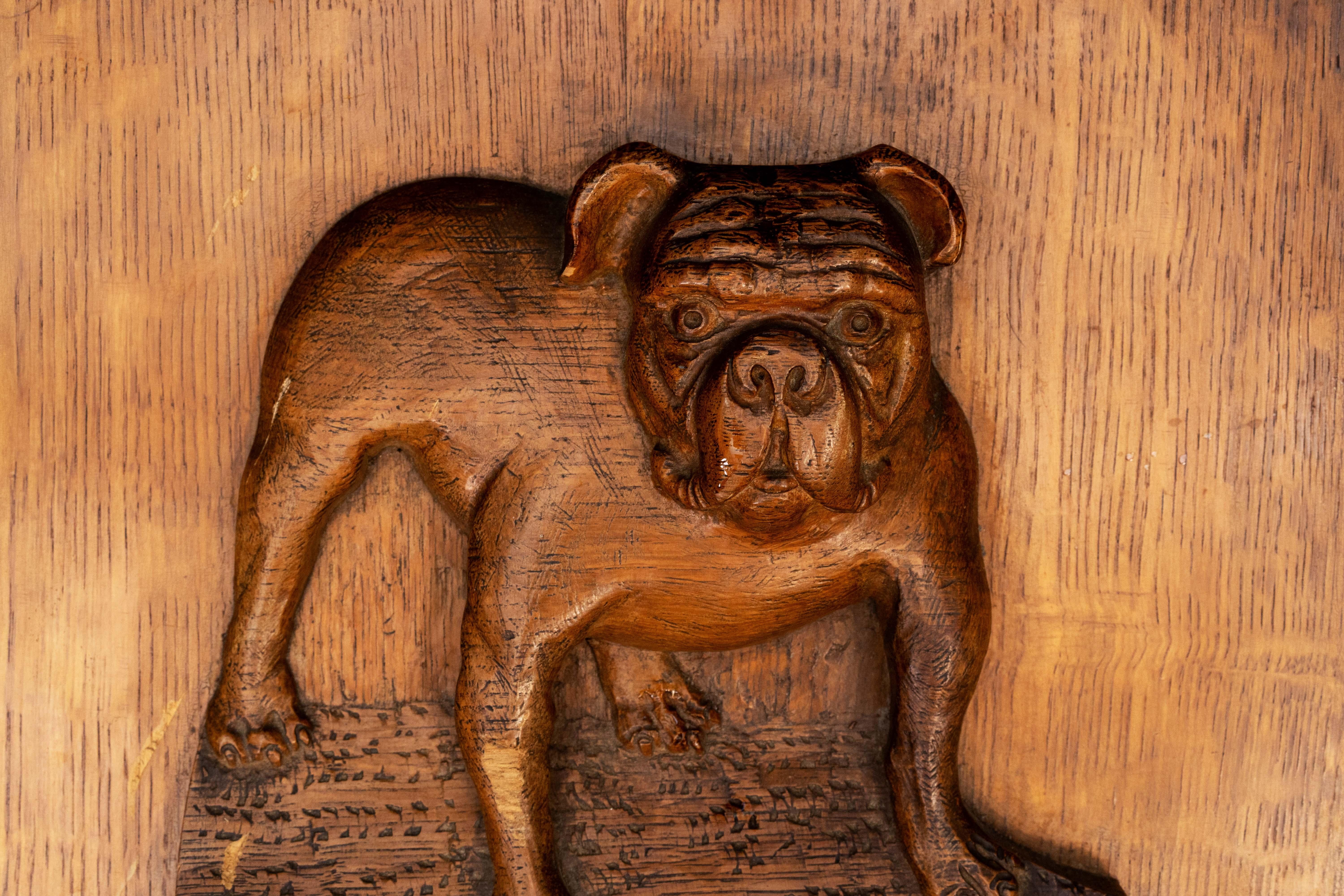 English 19th Century Oak Panel W/ Carved Bull Dog 