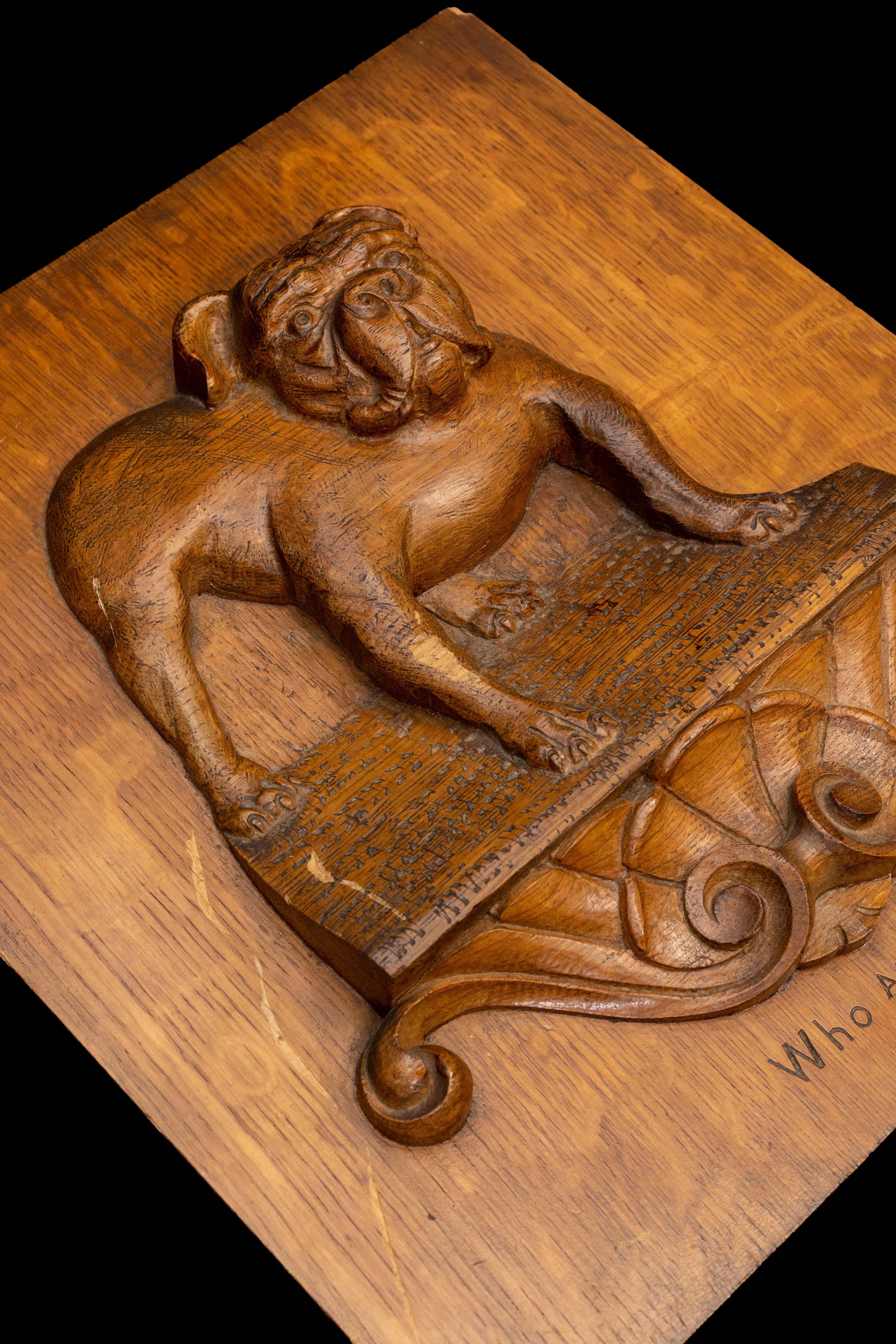 19th Century Oak Panel W/ Carved Bull Dog 
