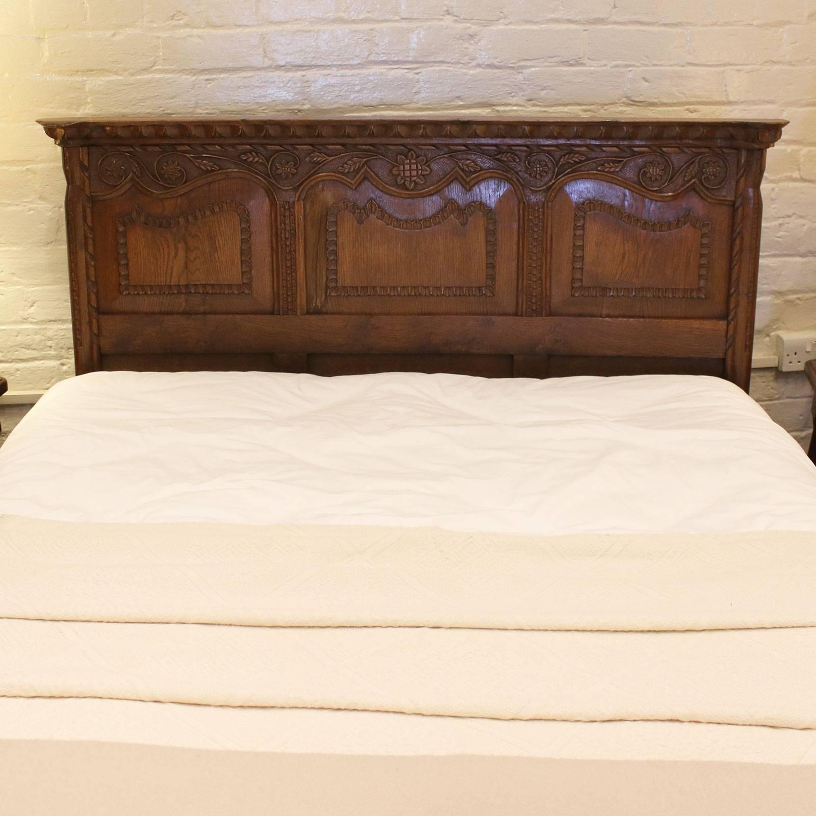 Carved Oak Panelled Bed - WD23