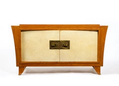 Oak & Parchment & Bronze Deco Inspired Two Door Cabinet, France 1950's