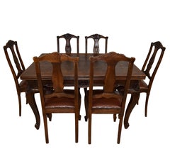 Oak Parquet Draw-Leaf Dining Table and Upholstered Chairs, Seven Piece Set