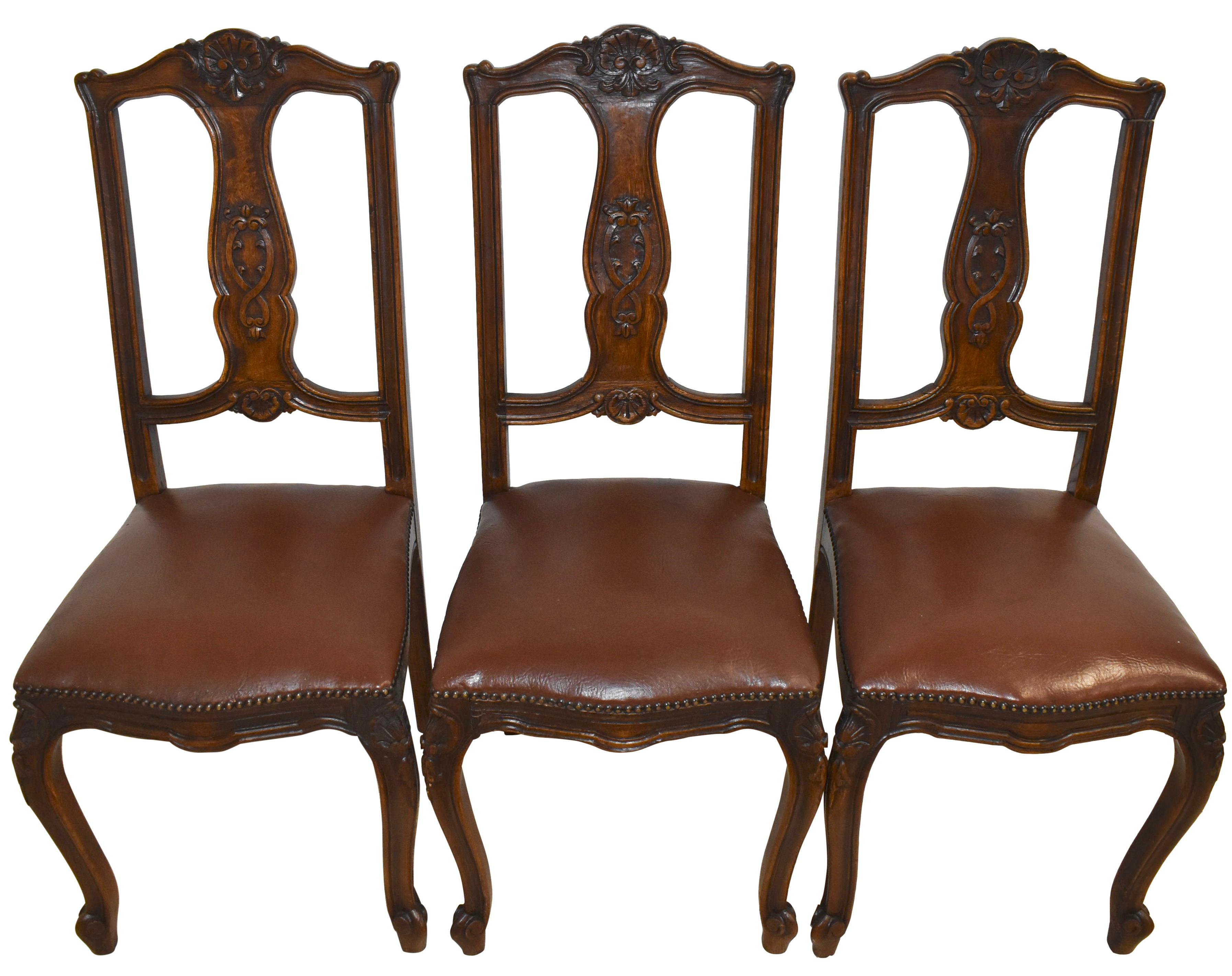 Carved Oak Parquet Draw-Leaf Dining Table and Upholstered Chairs, Seven Piece Set For Sale