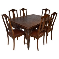 Oak Parquet Draw-Leaf Dining Table and Upholstered Chairs, Seven Piece Set