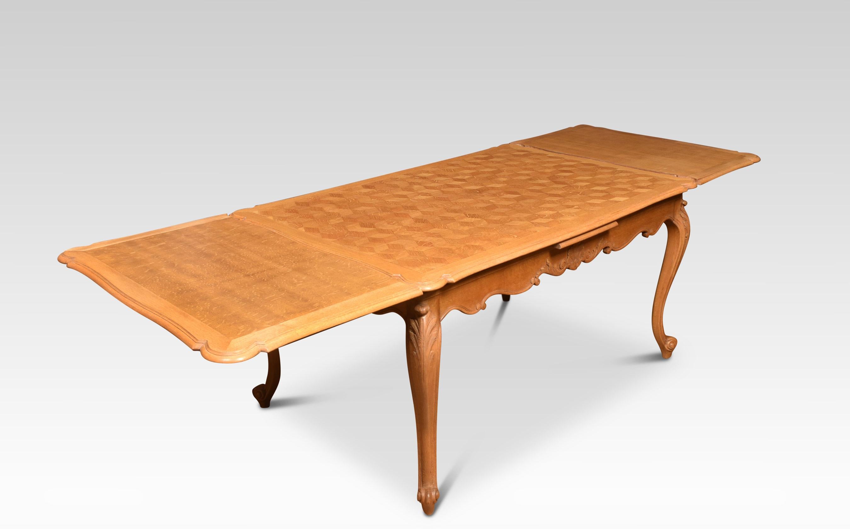 French Provincial style draw leaf dining table, the oak parquet top with two pull-out leaves above the shaped carved apron. All raised up on cabriole legs.
Dimensions
Height 30.5 Inches
Width 59.5 Inches when open 105 Inches
Depth 39 Inches