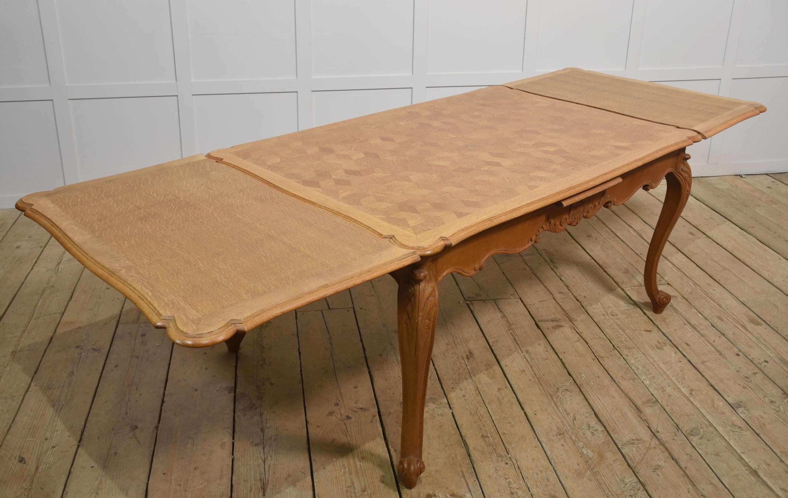 British Oak Parquetry draw leaf table For Sale