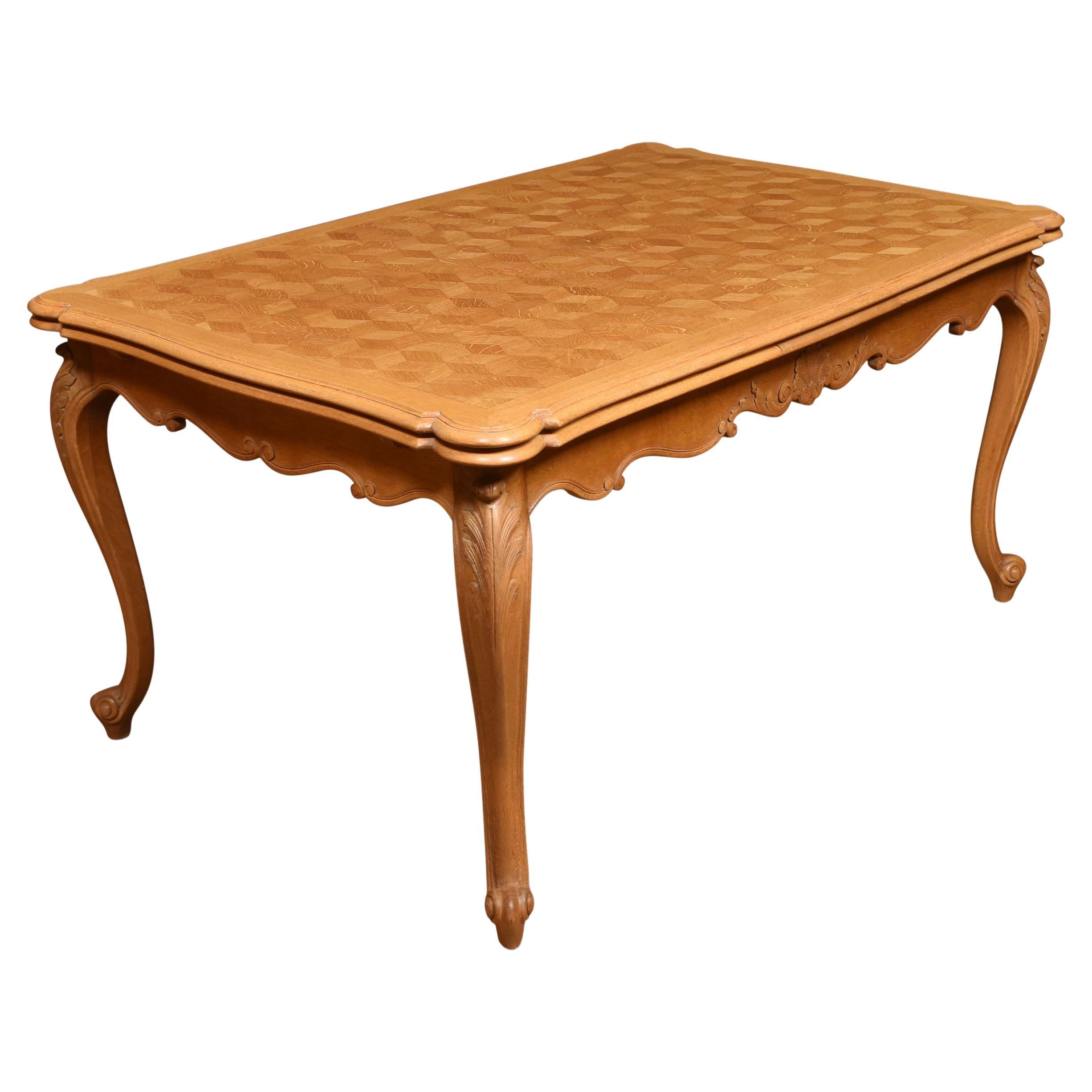 Oak Parquetry draw leaf table For Sale