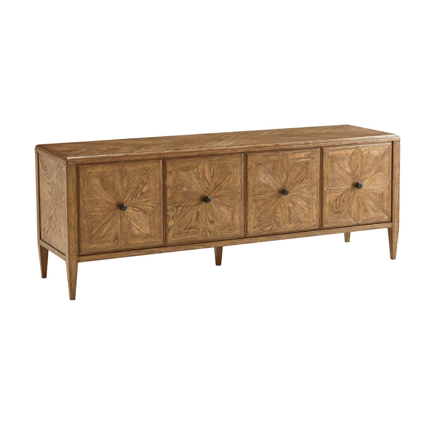 Neoclassical Oak Parquetry Media Cabinet, Light For Sale