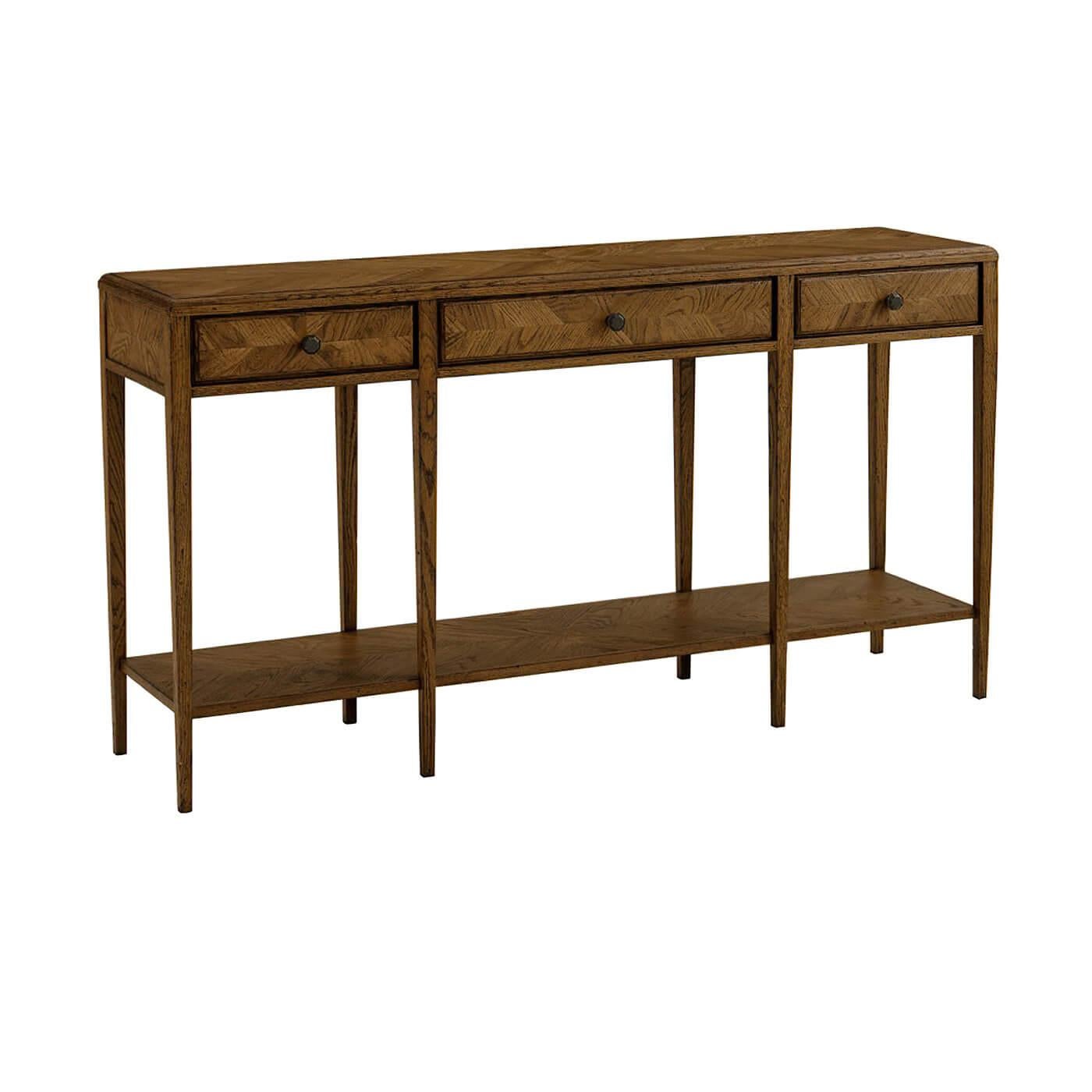 Rustic Oak Parquetry Two Tier Console Table, Dark For Sale