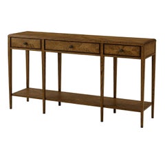Table console à deux niveaux en parqueterie de chêne, foncée