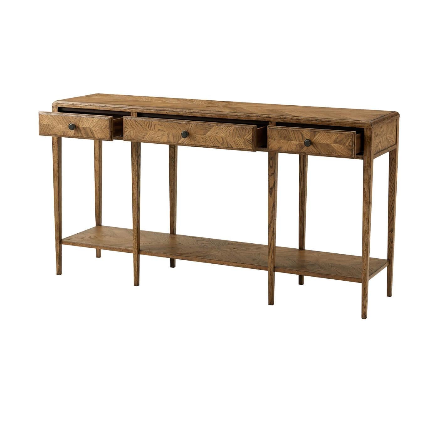 Rustic Oak Parquetry Two Tier Console Table For Sale