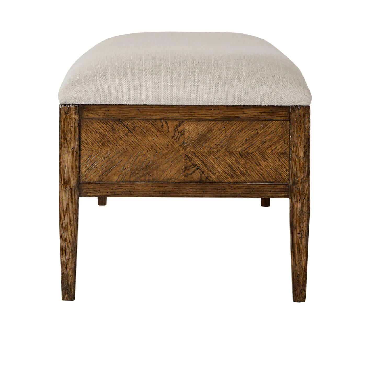 Neoclassical Oak Parquetry Upholstered Bench, Dark Oak For Sale