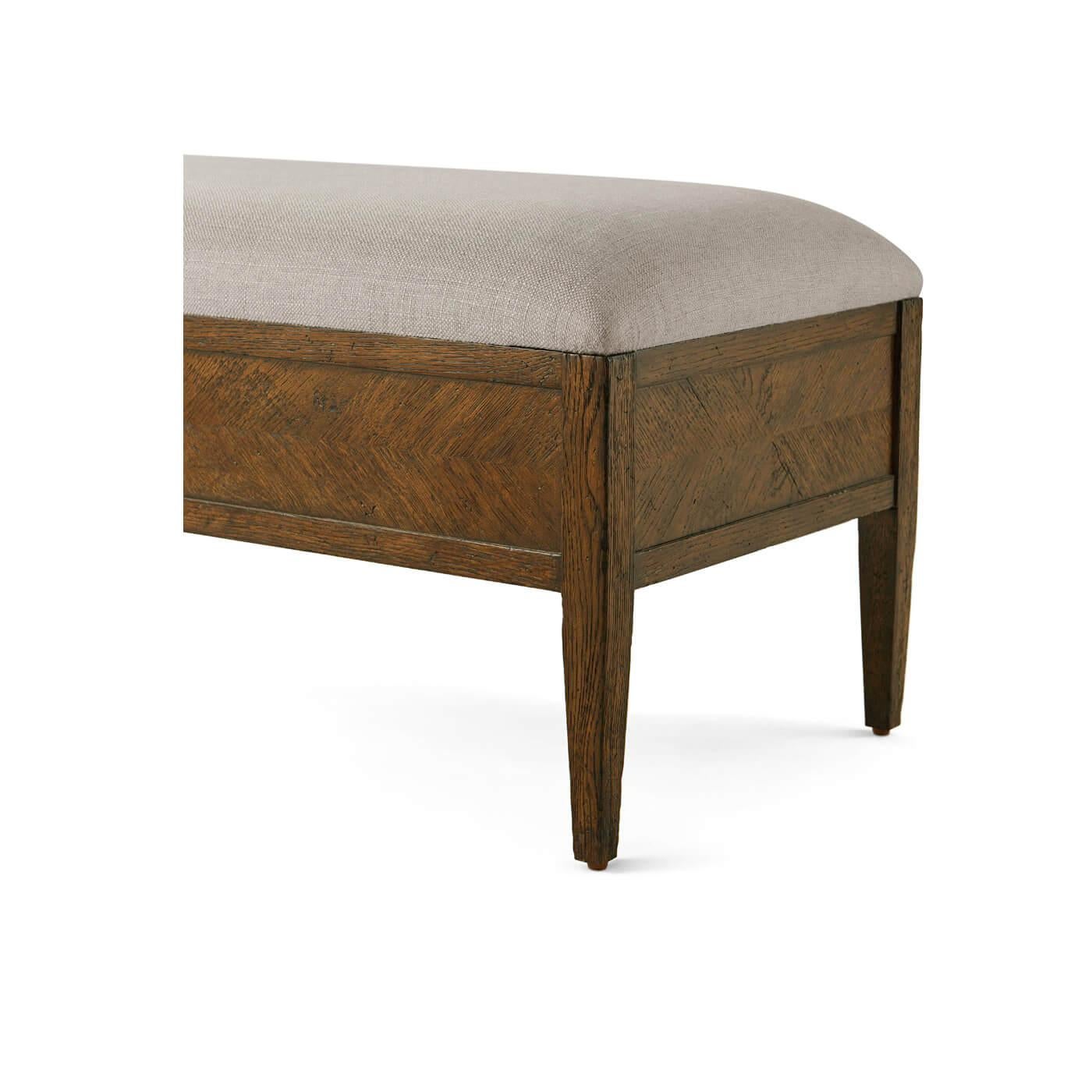 Oak Parquetry Upholstered Bench, Dark Oak In New Condition For Sale In Westwood, NJ