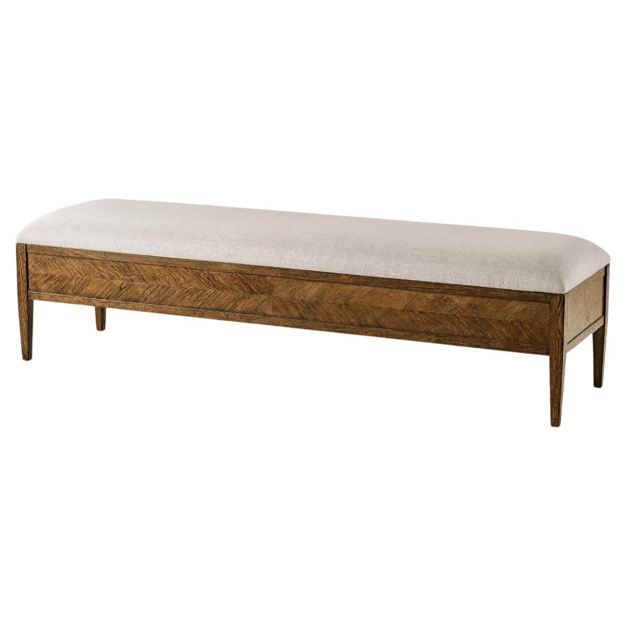 Oak Parquetry Upholstered Bench, Dark Oak For Sale