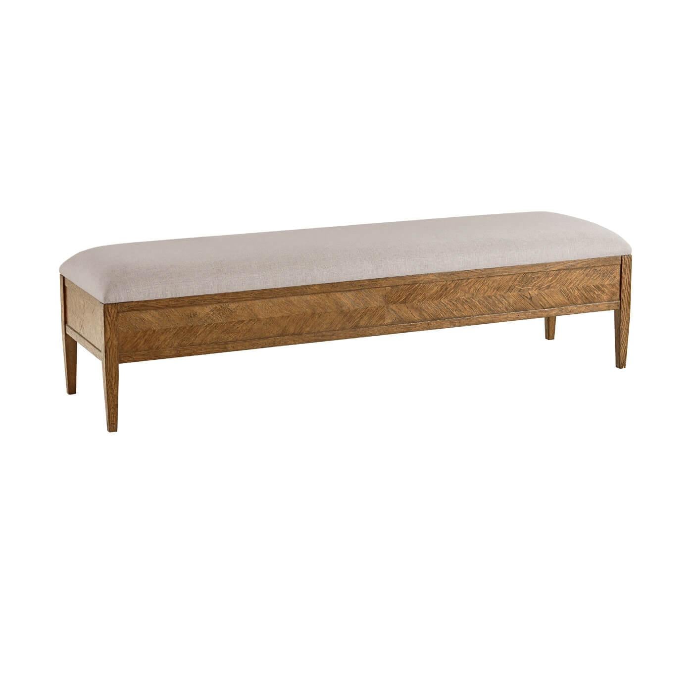 Neoclassical Oak Parquetry Upholstered Bench, Light Oak For Sale