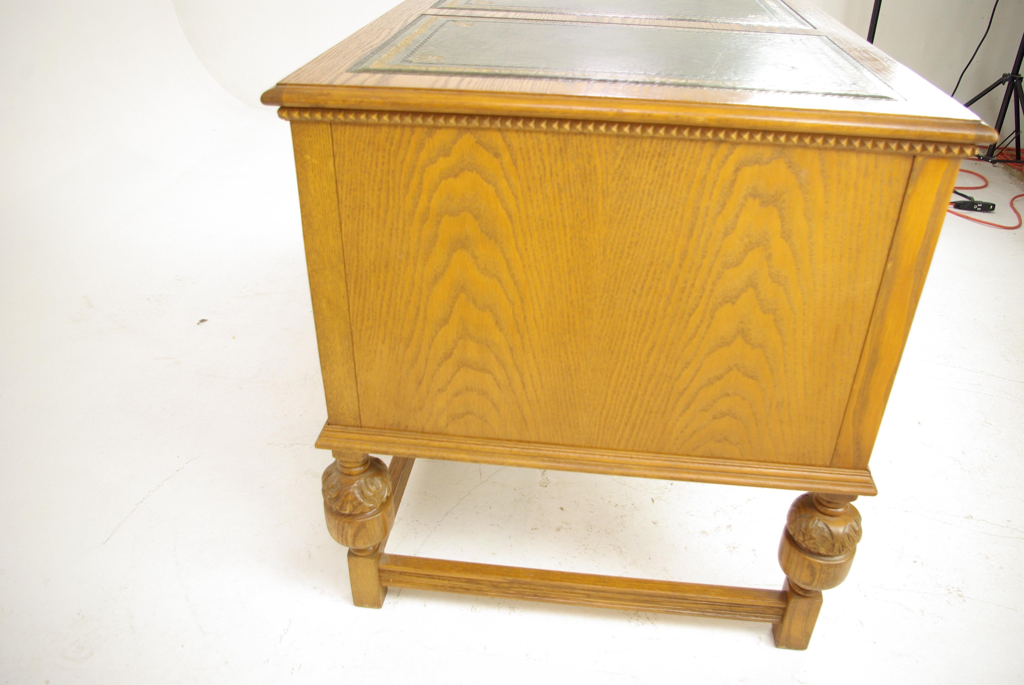 Oak Pedestal Desk, Carved Oak Desk, Leather Top Desk, Scotland 1950, B1166 6
