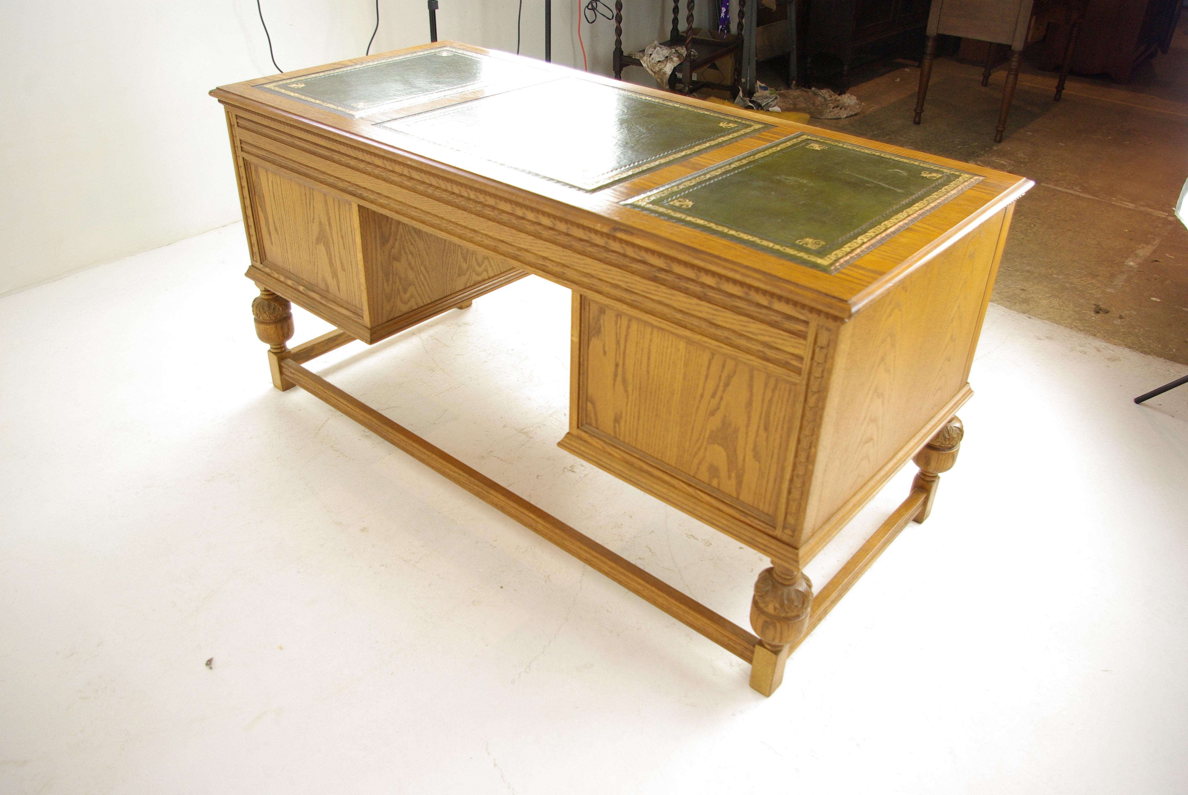 Oak Pedestal Desk, Carved Oak Desk, Leather Top Desk, Scotland 1950, B1166 8