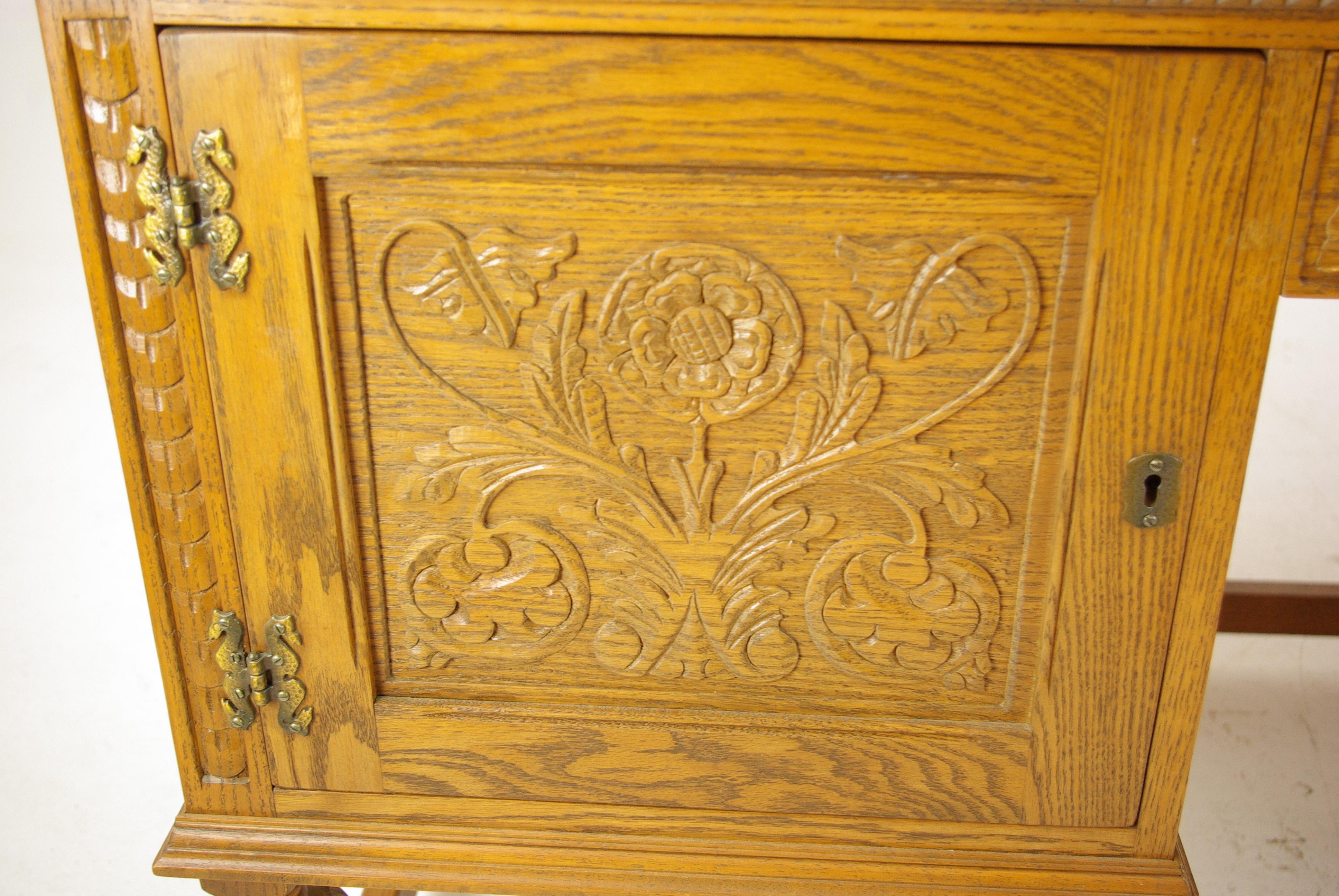 Oak Pedestal Desk, Carved Oak Desk, Leather Top Desk, Scotland 1950, B1166 1