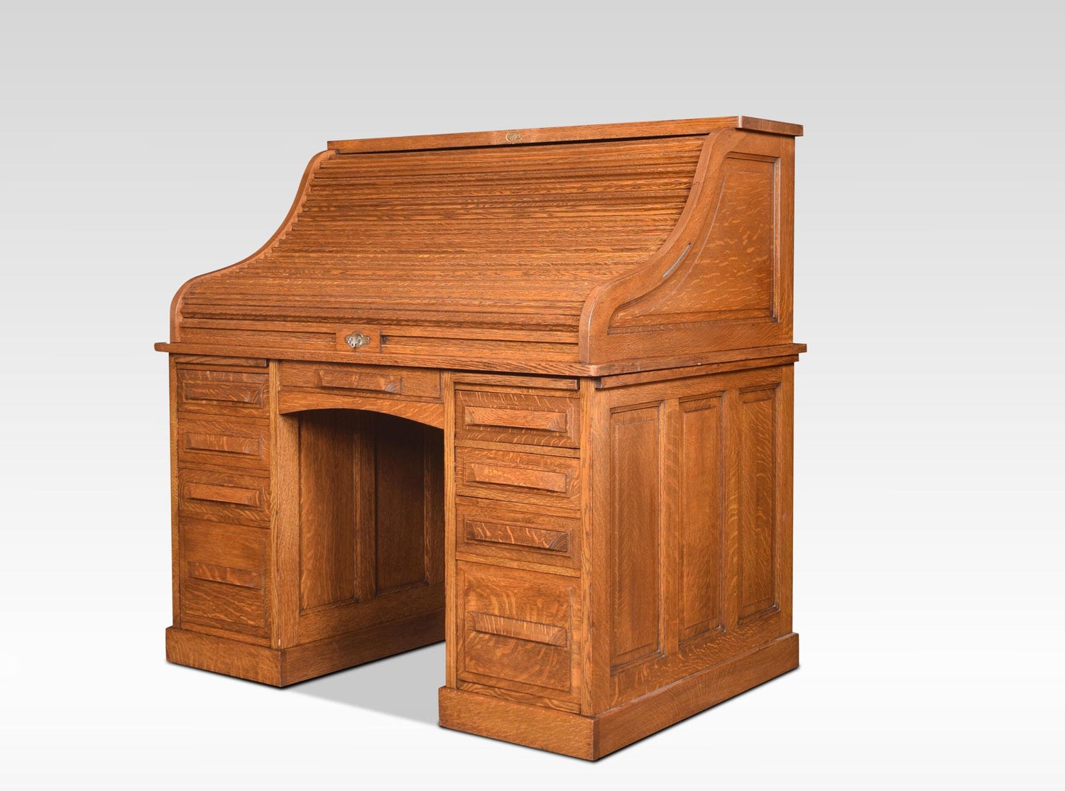 Oak Pedestal Roll Top Desk By Cutler At 1stdibs