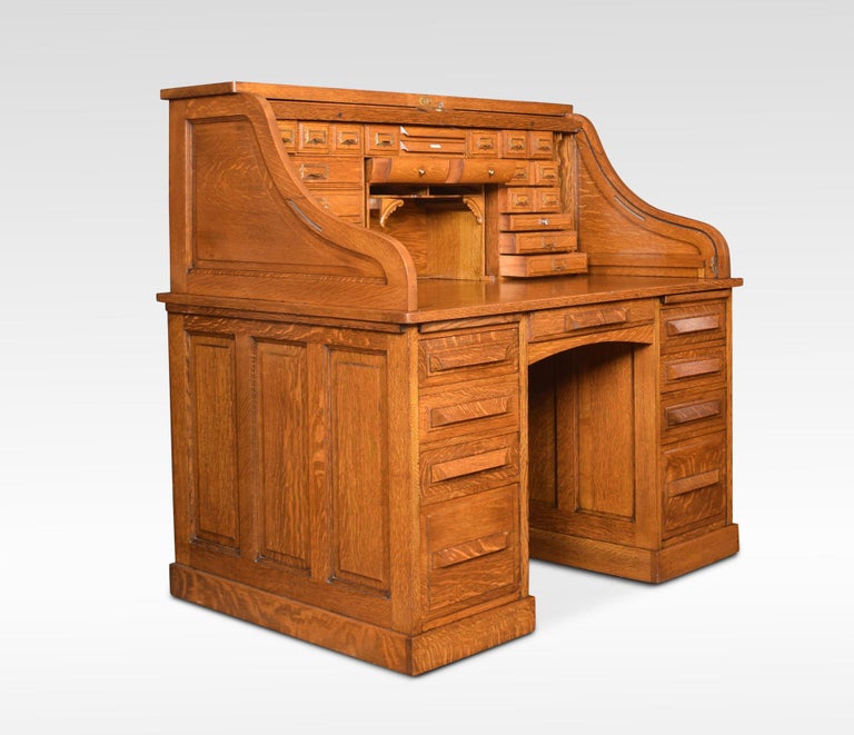 Oak Pedestal Roll Top Desk By Cutler At 1stdibs