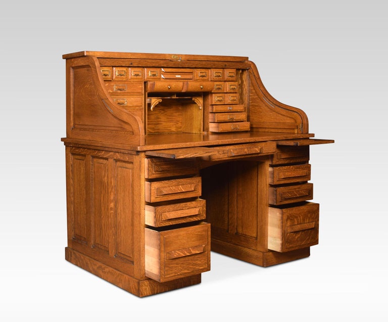 Oak Pedestal Roll Top Desk by Cutler at 1stDibs cutler roll top desk for sale, cutler desk