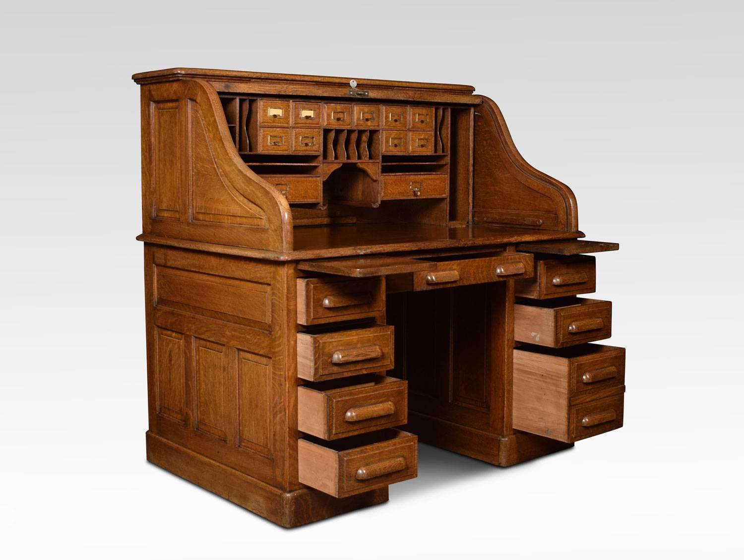British Oak Pedestal Roll Top Desk