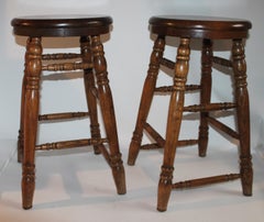 Oak Plank Seat Bar Stools, Pair