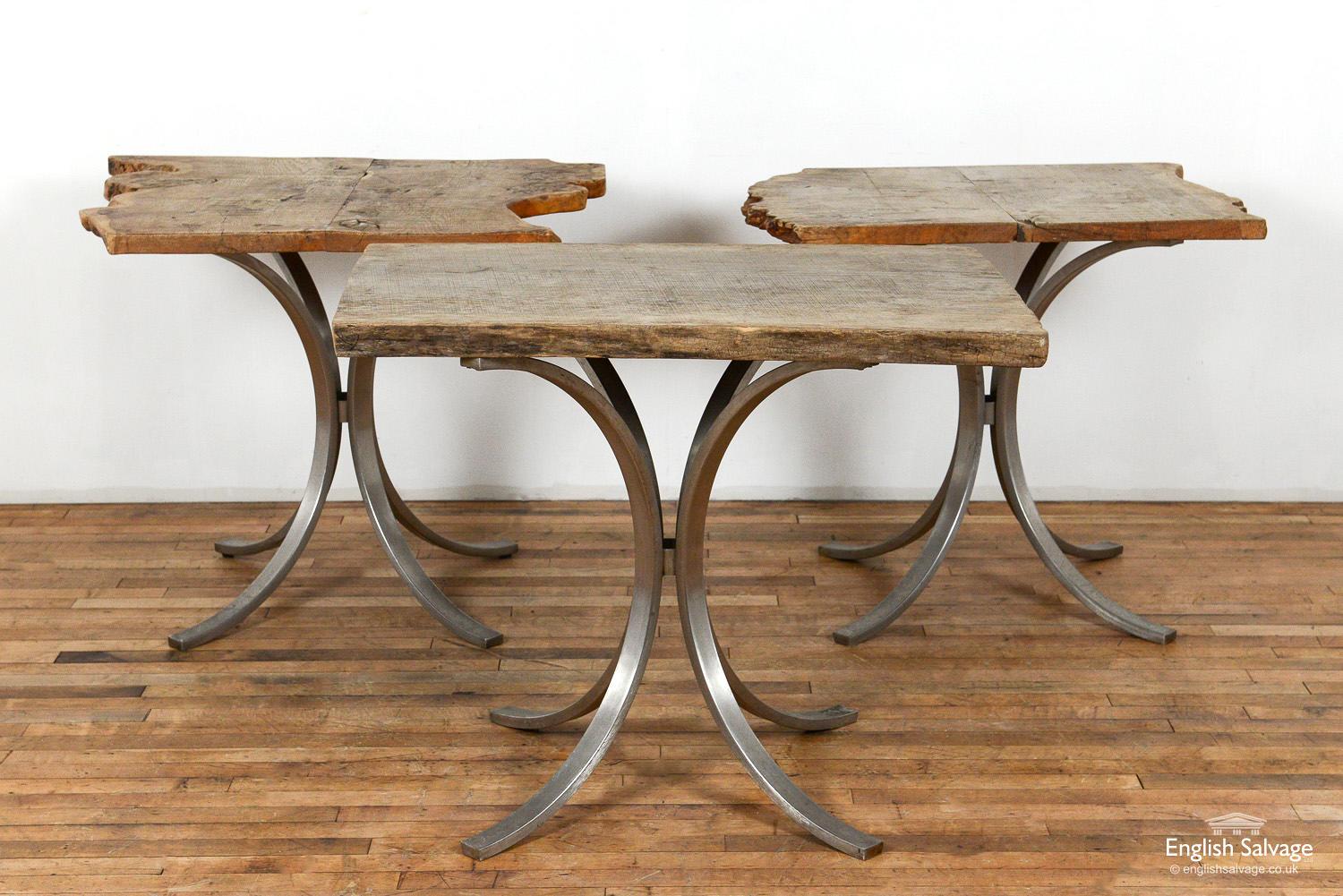 Reclaimed natural wavey edge oak top tables on brushed steel bases. Nicely weathered tops with plenty of character.