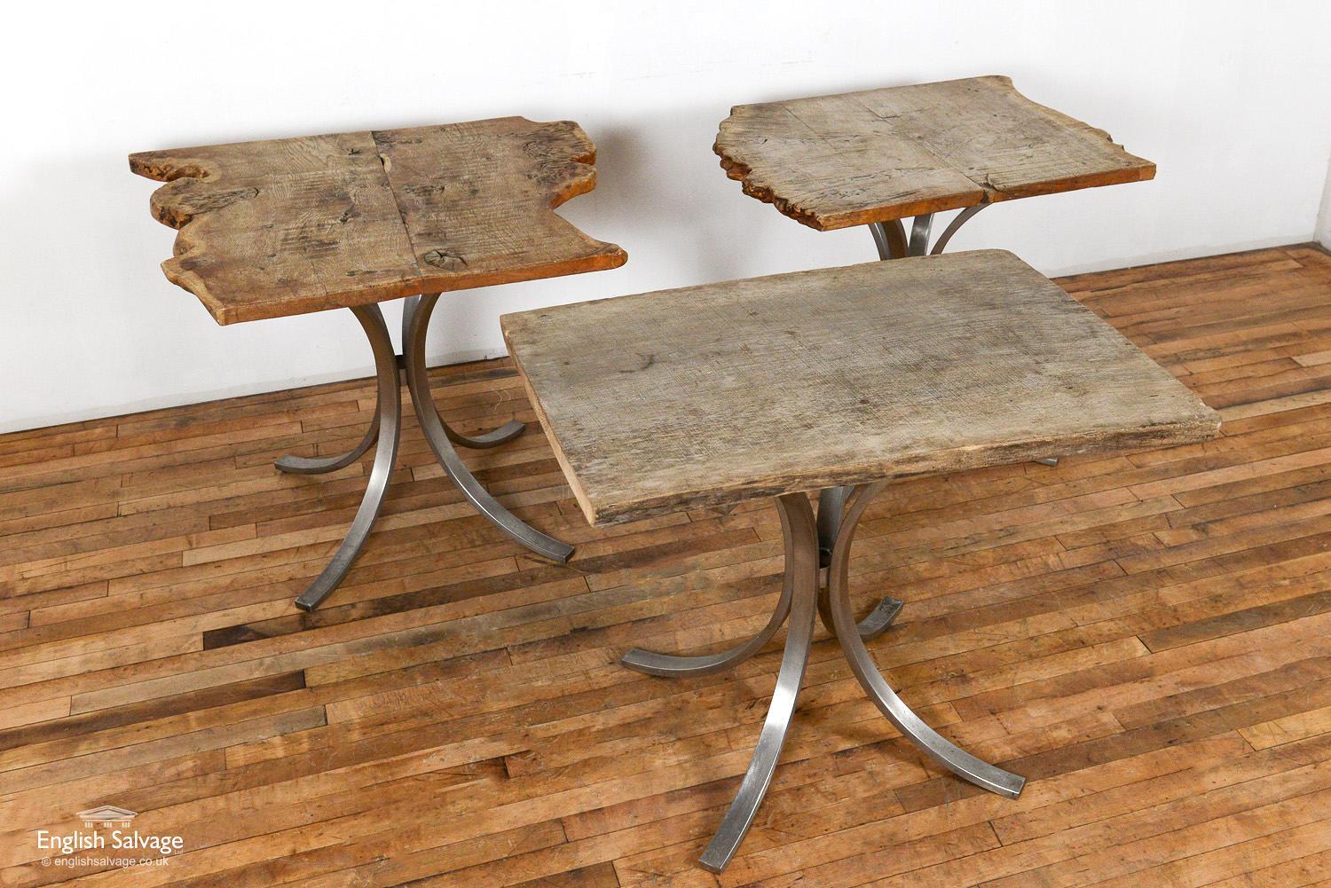 European Oak Plank Tables with Brushed Steel Bases, 20th Century For Sale