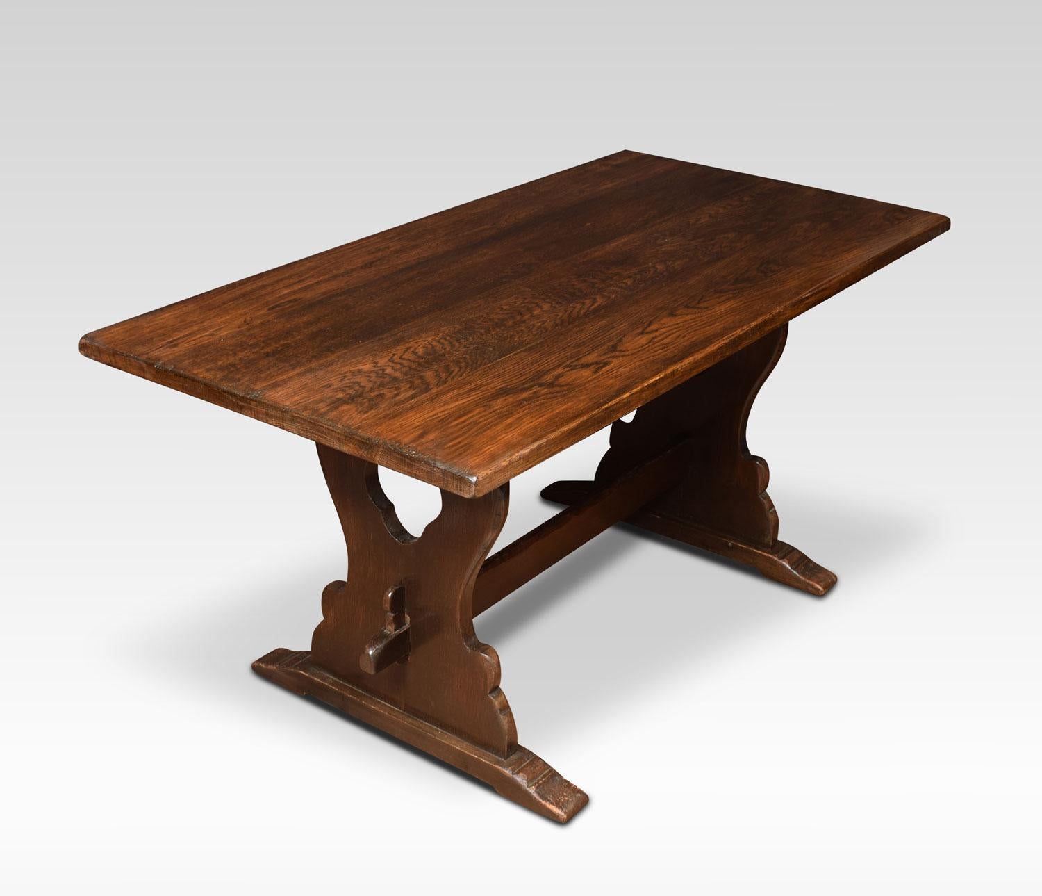 Oak refectory table, the plank top with rounded corners, raised on arched supports with trestle legs.
Dimensions
Height 27.5 Inches
Width 60 Inches
Depth 30.5 Inches