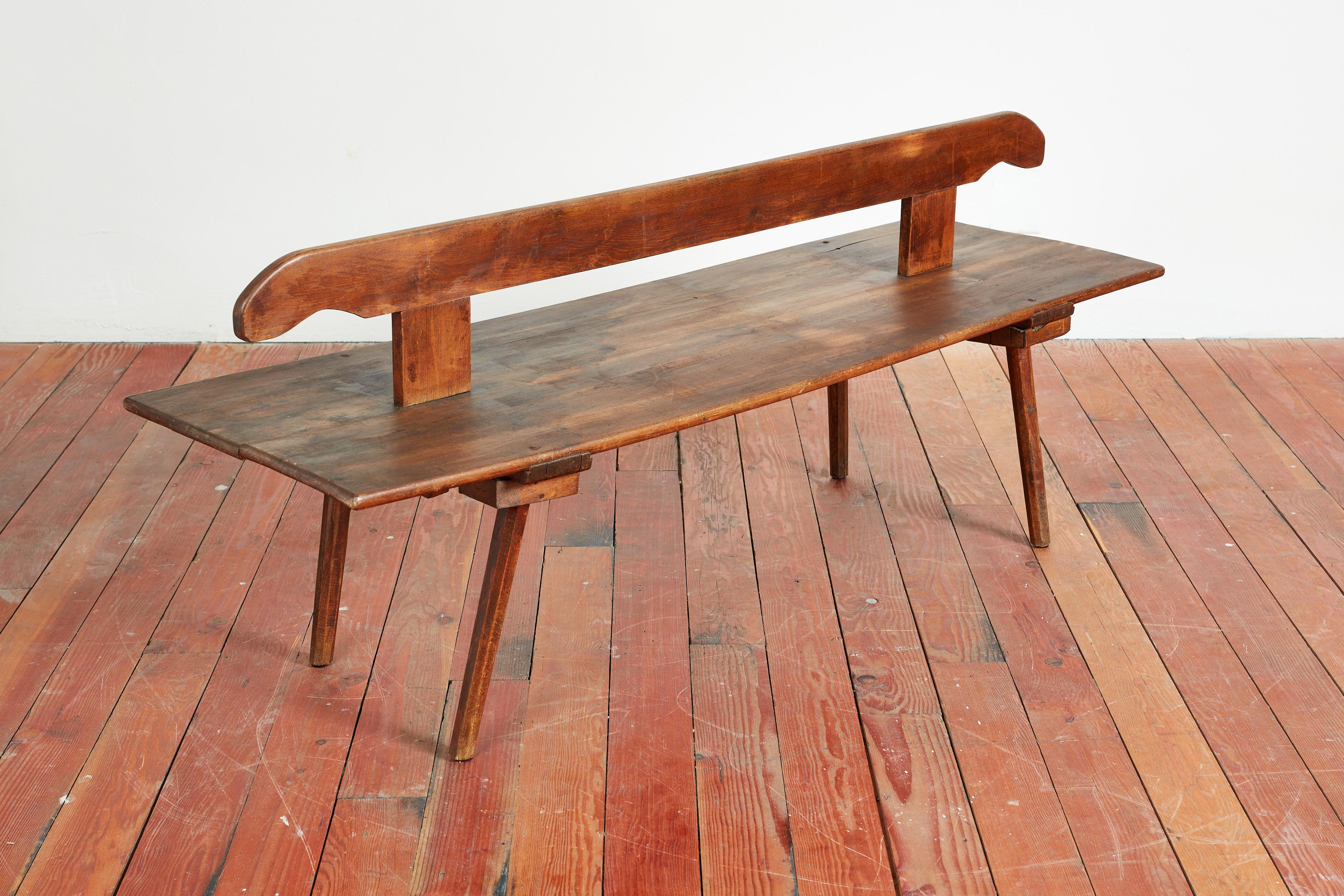 Fantastic railroad bench with 2 sided seat and curved back. 
Wonderful wood patina.
France, circa 1940s.
