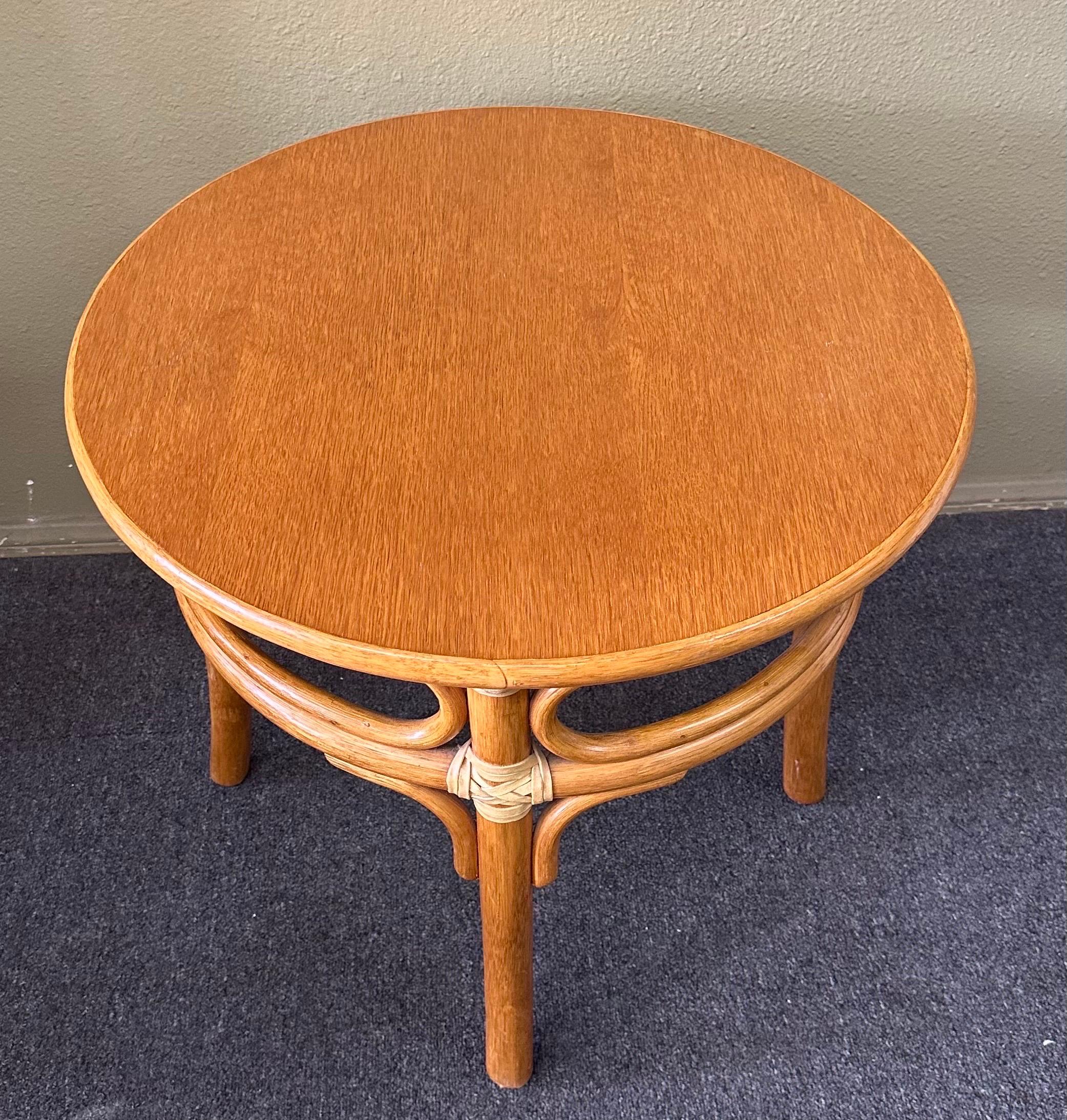 Oak & Rattan Round Side Table by McGuire Furniture Co.  For Sale 2