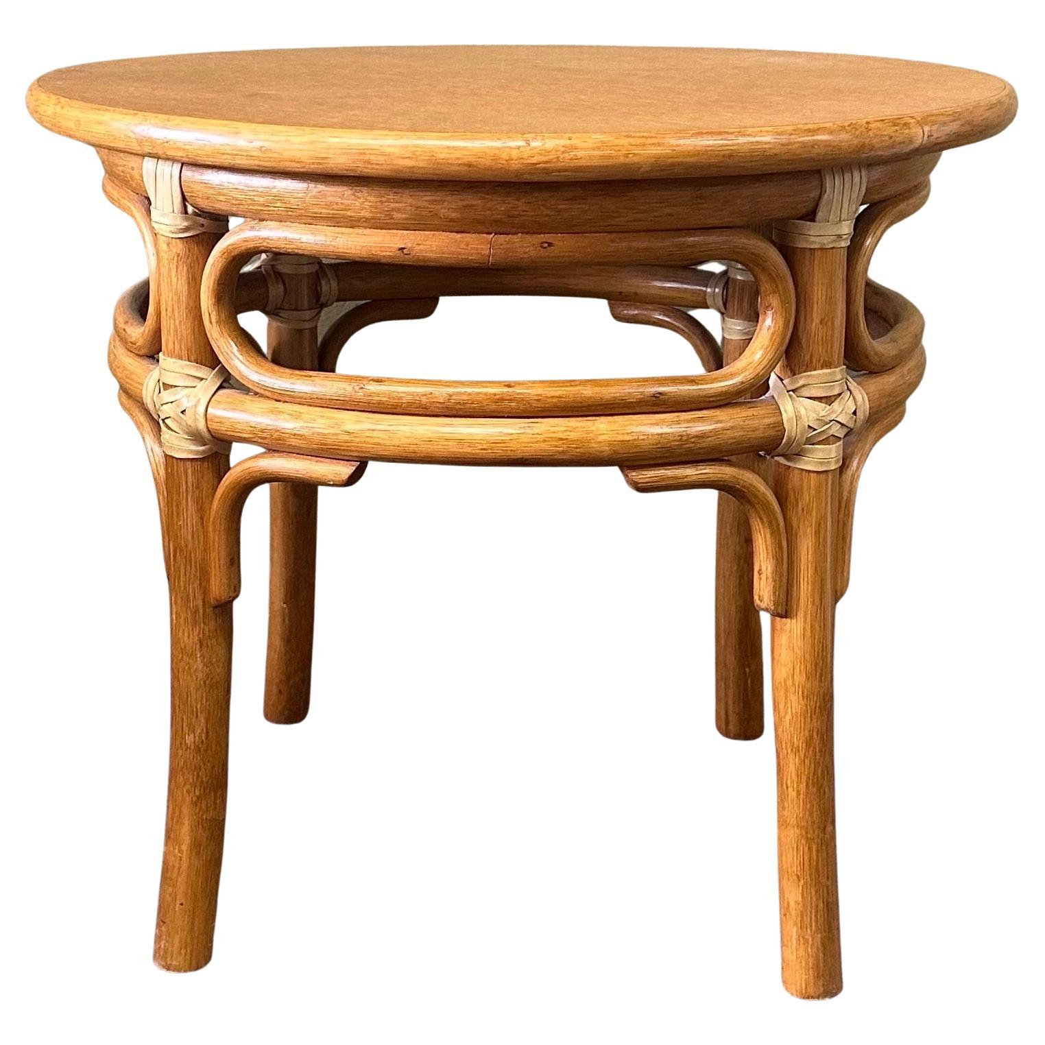 Organic Modern Oak & Rattan Round Side Table by McGuire Furniture Co.  For Sale